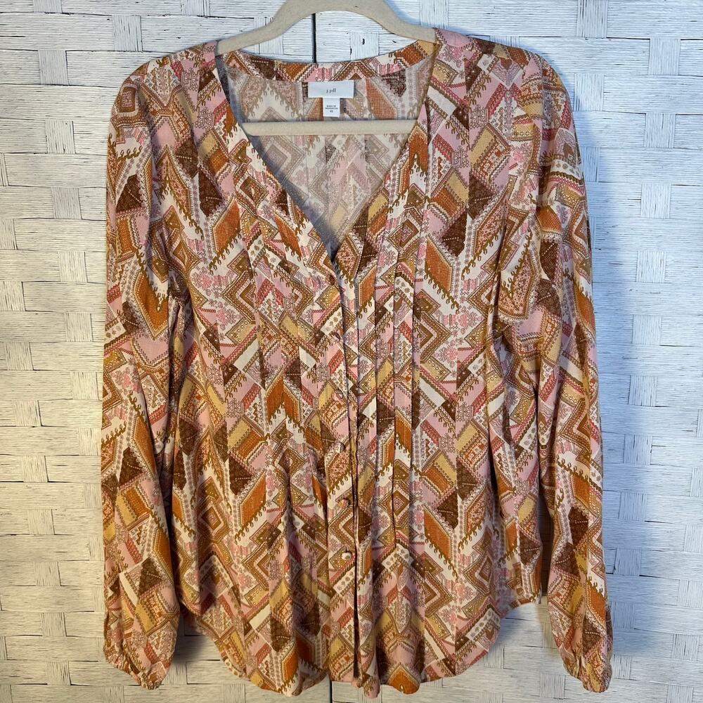 J Jill women’s blouse v neck button up pin tuck plate Bohemian hippie feminine ￼